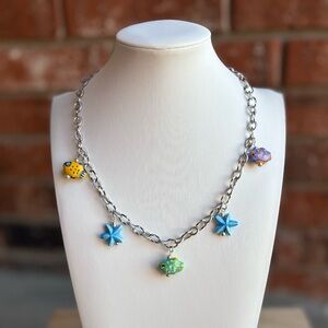 Silver Chain Necklace with Blue Starfish and Multicolor Fish Charms